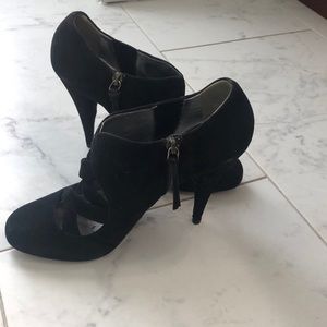 Miu Miu Suede black thick strappy heel booties